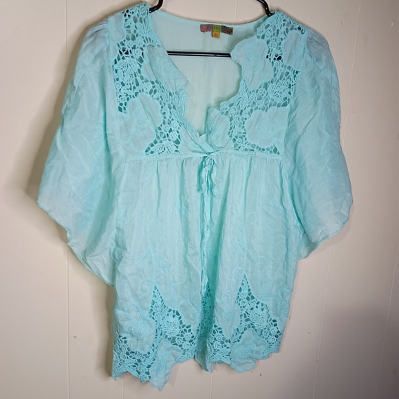 santorri Tops - Aqua Crochet-Trim Women's Peasant Tunic - Lightweight Summer Top